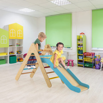 Olakids Toddlers Triangle Climber, 2 In 1 Montessori Kids Wood Climbing Toy With Ramp, Ladder, Slide For Gym Playground, Indoor