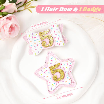 Deeka 5Th Birthday Hair Bow And Badge Set Birthday Decorations For Girl Glitter Pink And White Hair Clips For 5 Year Girl Birthd