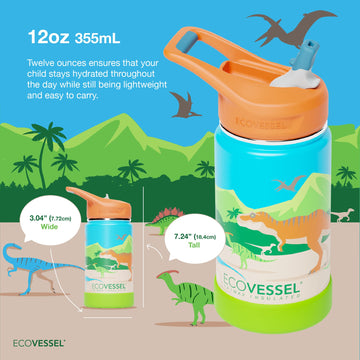 Ecovessel Frost Stainless Steel Kids Water Bottle With Straw Lid, Leak Proof Bottle For School With Carry Handle & Silicone Base