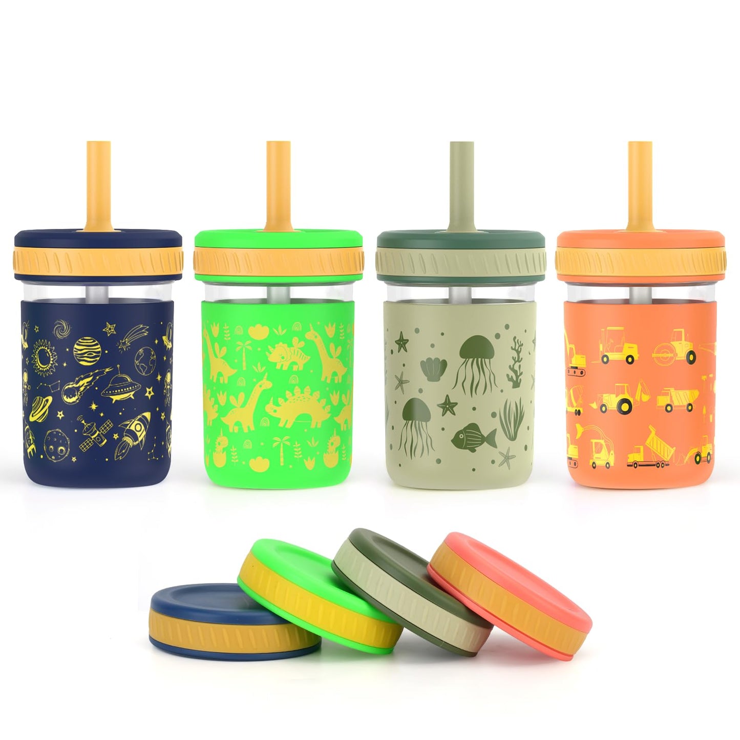 Sursip Toddler Glass Sippy Cups, Kids Baby 12 oz Spill-Proof Water Tumbler with Straw and Lids, Smoothie Snack Mason Jar For Tra