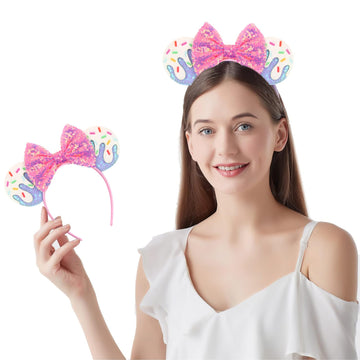 Lifetools-Lt Blue Ears Headbands With Pink Bow & Shiny Sequins & Doughnut, For Women Disneyland Costume Christmas Cosplay Glitte