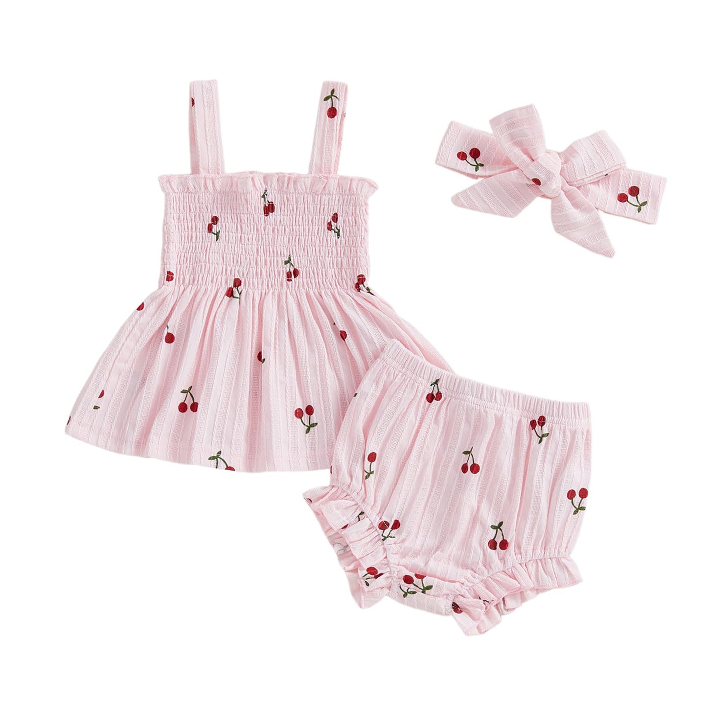 Thorn Tree Infant Girl Clothes Baby Outfits Sleeveless Strap Dress Tops Bloomer Shorts Bow Headband 3Pcs Summer Outfit (Pink, 3-