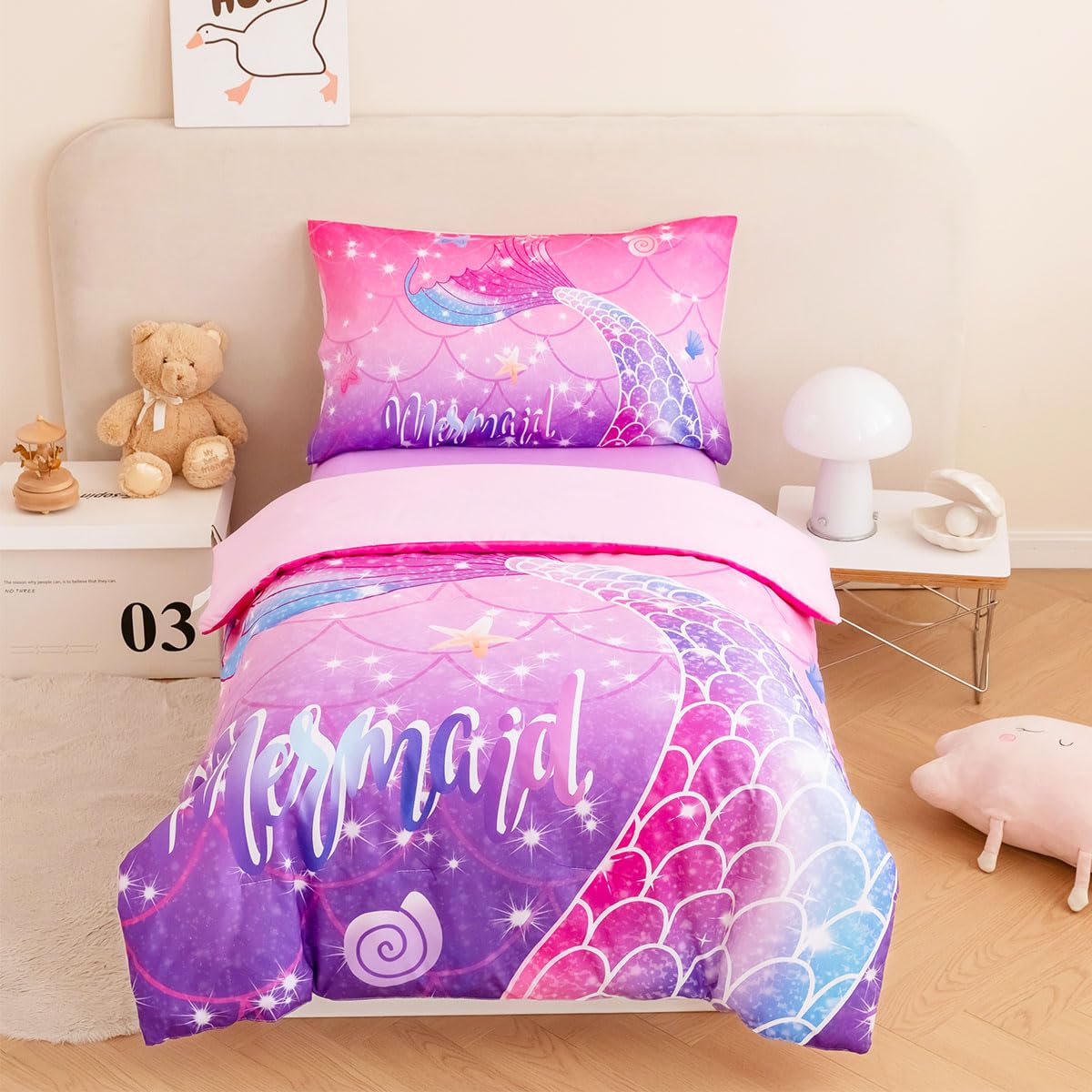 ZRNBAST 4 Pcs Toddler Bedding Set for Girls Mermaid Print Toddler Comforter Set Pink Purple Gradient Glitter Bedding Set with Sh