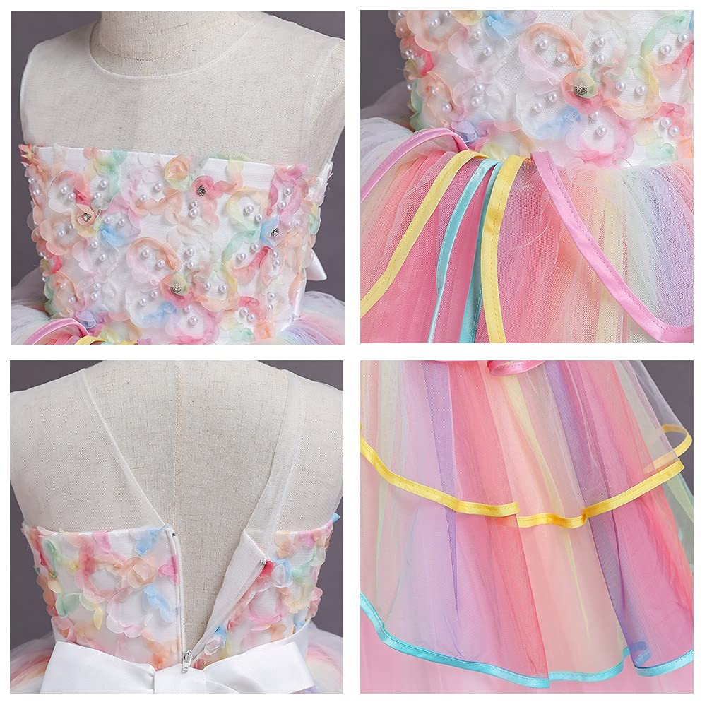 Izkizf Girls Unicorn Costume Flower Princess Long Maxi Tulle Dress W/Headband Birthday Party Halloween Carnival Cosplay Outfits