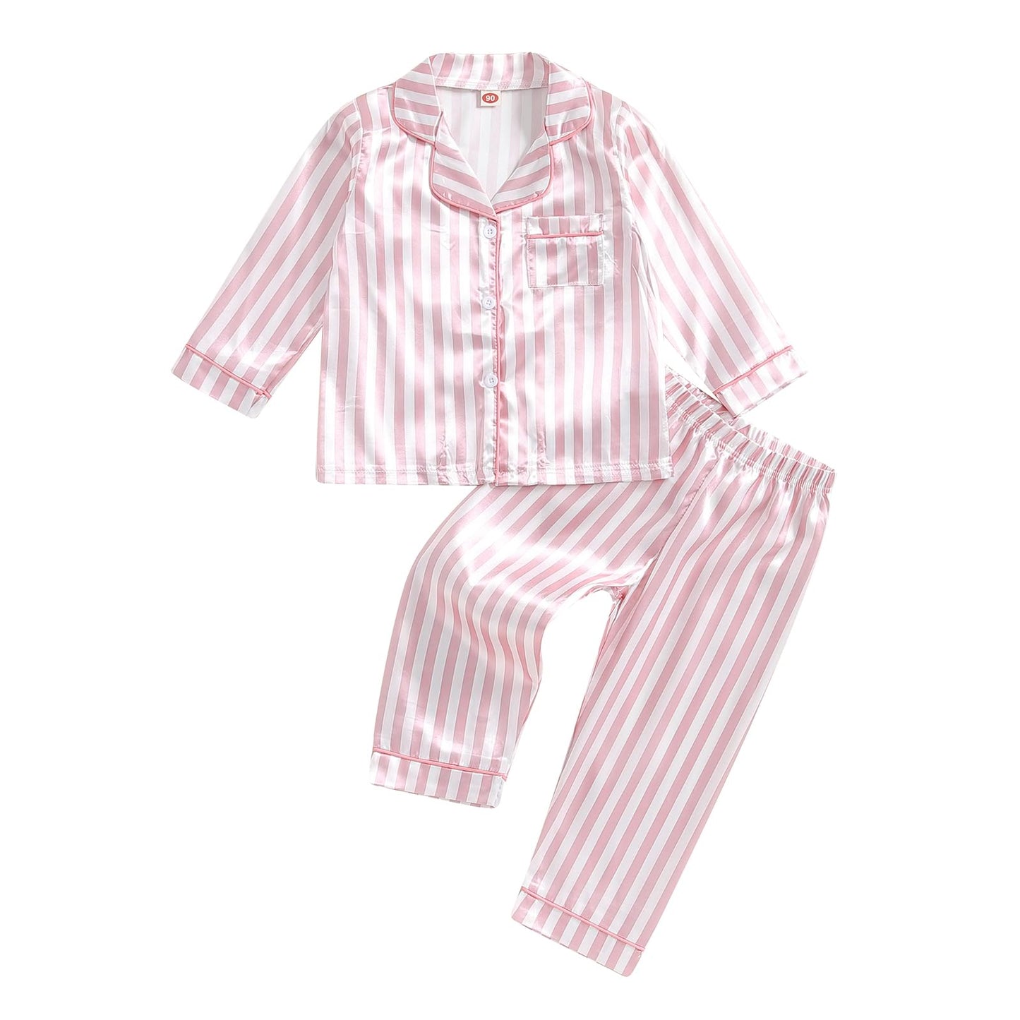 ZAXARRA Kid Baby Girl Boy Satin Pajamas Set Lapel Button Down Silk Shirt Top Pants Children Lounge Clothes Sleepwear Suit (Pink-