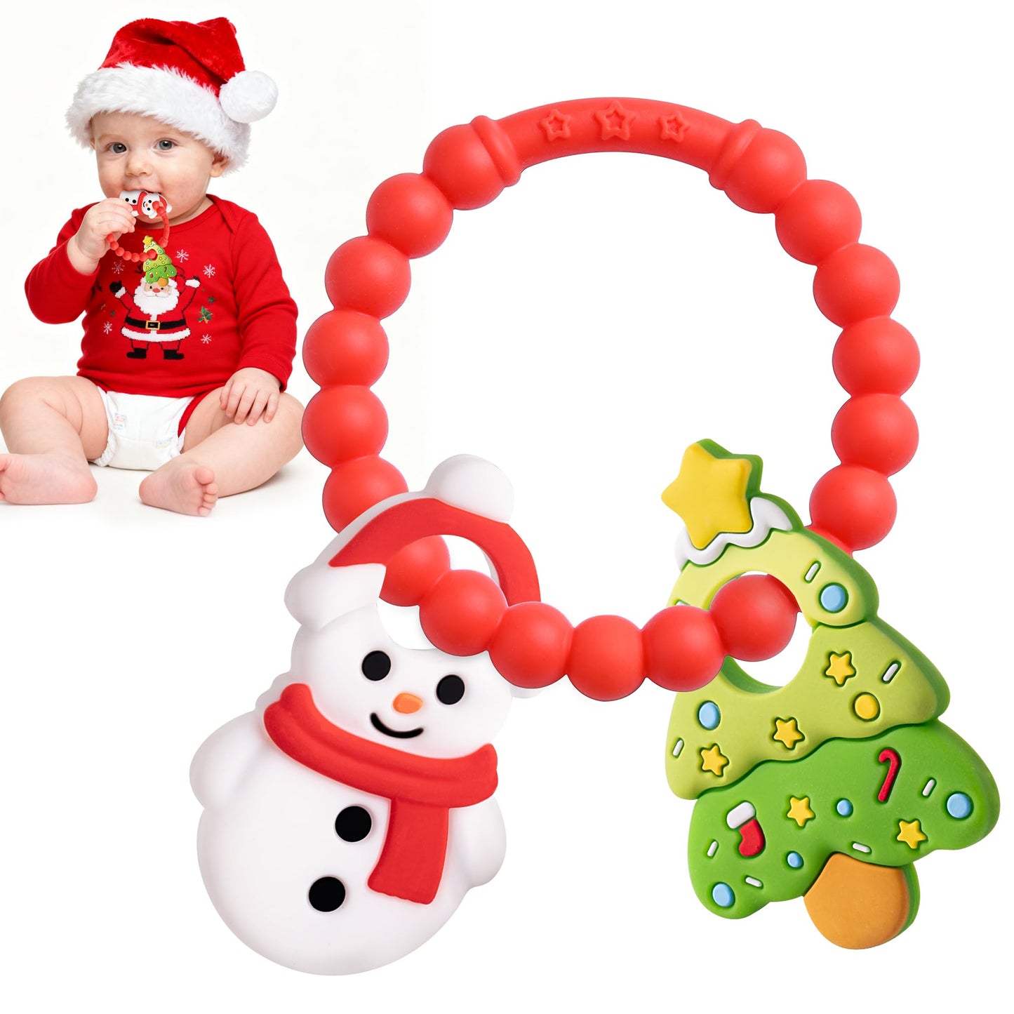 Christmas Baby Teething Toys, Snowman & Tree Textured Silicone Teether for 3-6 6-12 Months BPA-Free Teether Toys, Baby Stocking