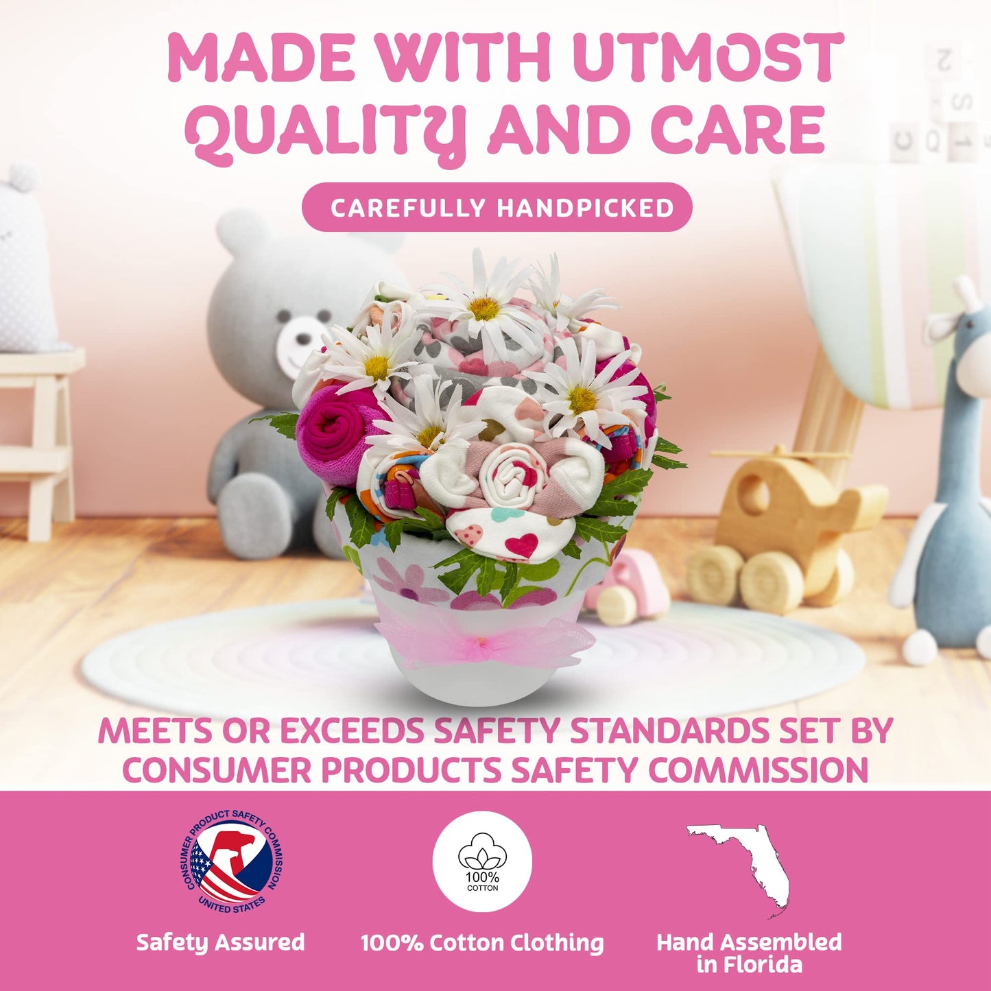 Nikki'S Gift Baskets Baby Clothing Flower Bouquet, New Baby Girl Gift Basket With Baby Clothing Arranged Like Celebration Flower