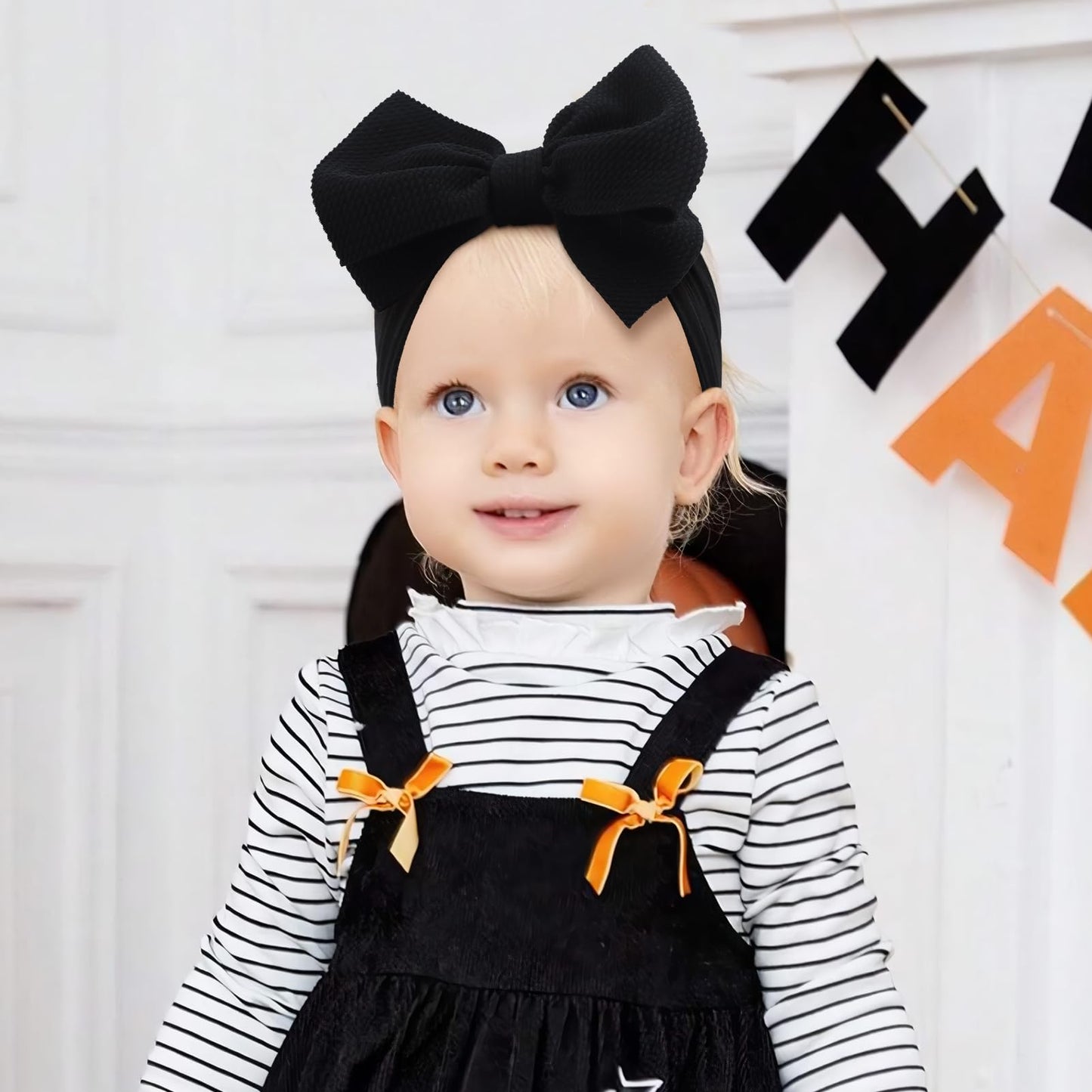 Yanjie Halloween Baby Headbands Cheer Bow, Orange Hair Bow Black Baby Girl Elastic Nylon Halloween Hairbands For Baby Girls Newb
