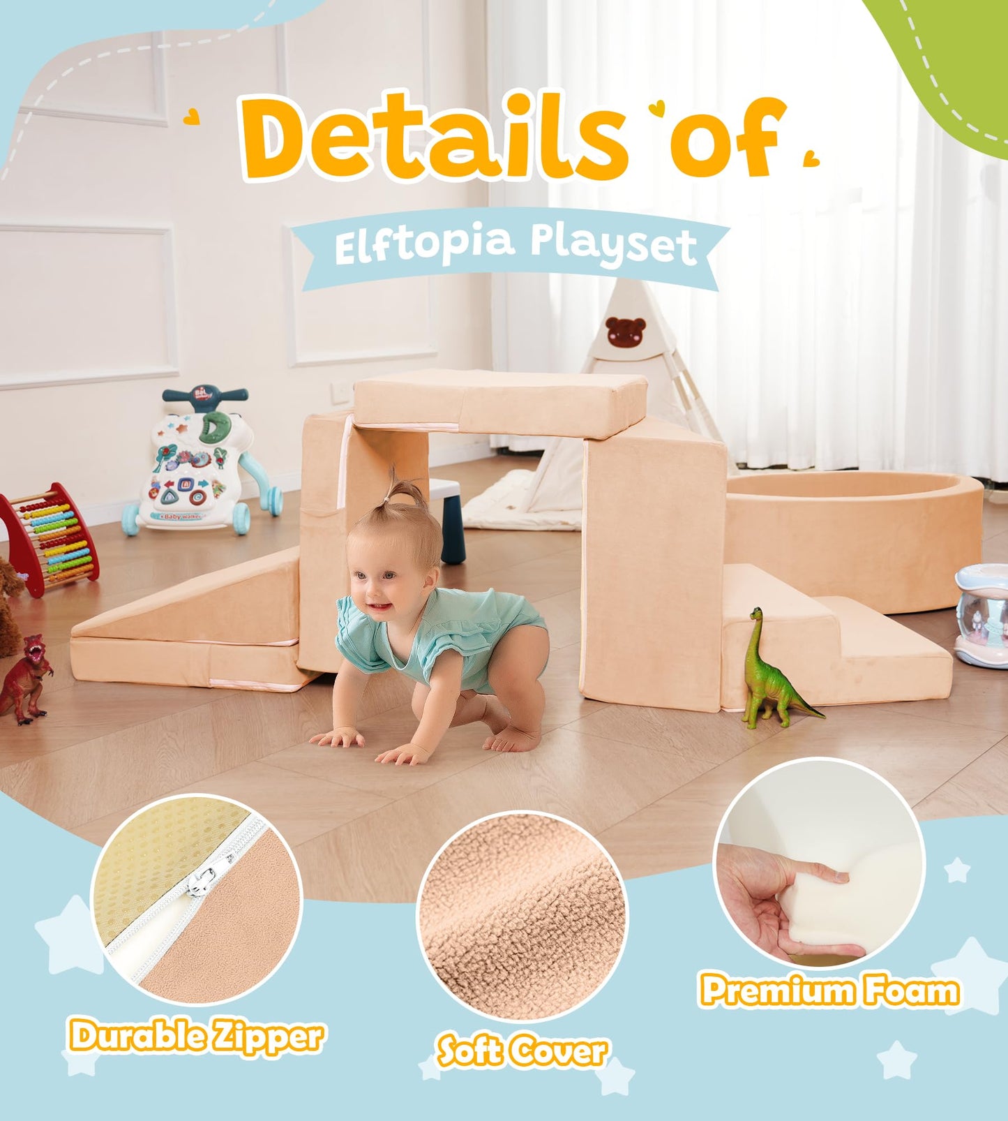 Elftopia Foam Climbing Blocks With Ball Pit & Stairs For Toddlers Aged 1-3 -Soft Playset For Indoor Crawling, Foam Playground Se