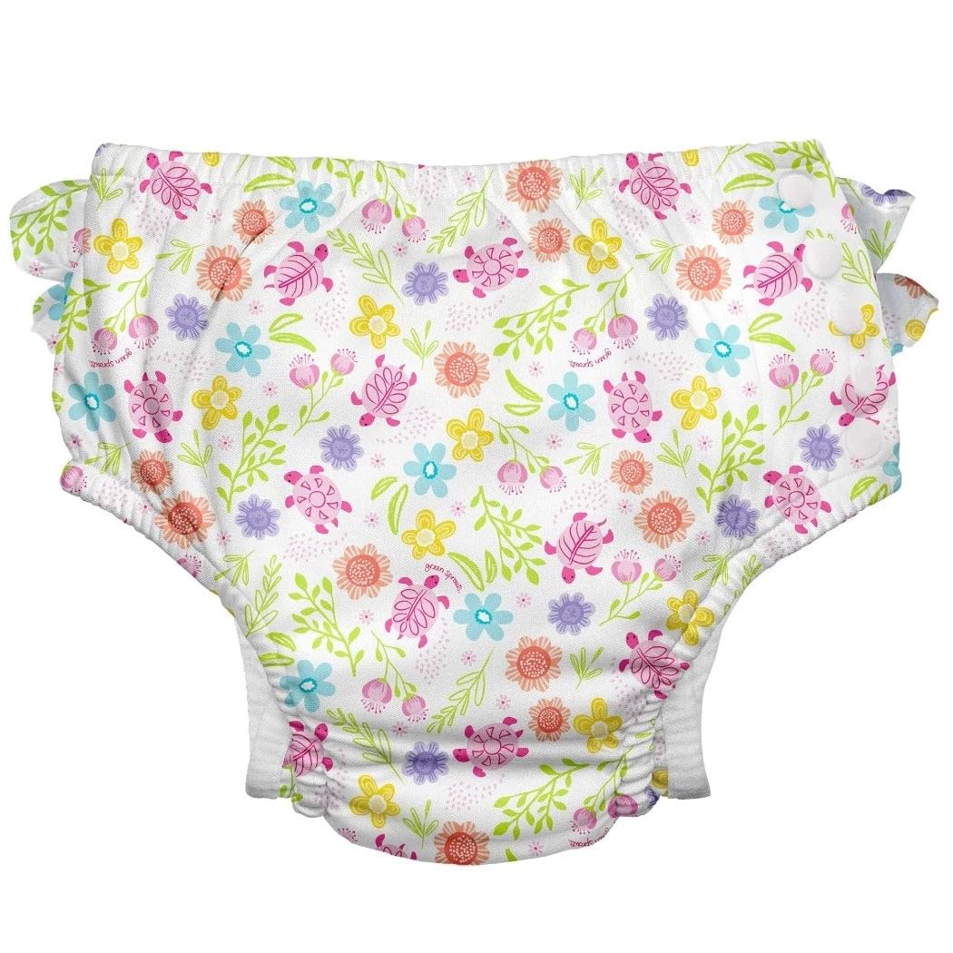 I Play. By Green Sprouts Reusable, Eco Snap Ruffled Swim Diaper With Gussets, Upf 50, 4T, White Turtle Floral, Patented Design,