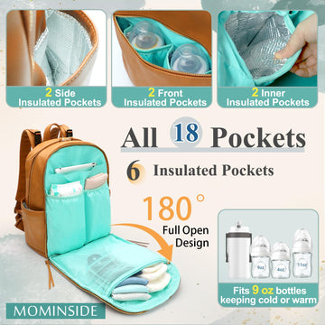 Mominside Diaper Bag Backpack With 6 Insulated Pockets, Leather Baby Bag For Mom Dad, Baby Registry, 18 Pockets, Changing Pad, S