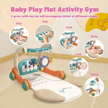 3 In 1 Baby Activity Gym Center, Tummy Time Play Mat Gym, Baby Push Walker, Kick And Play Piano With Music And Light, Sensory To