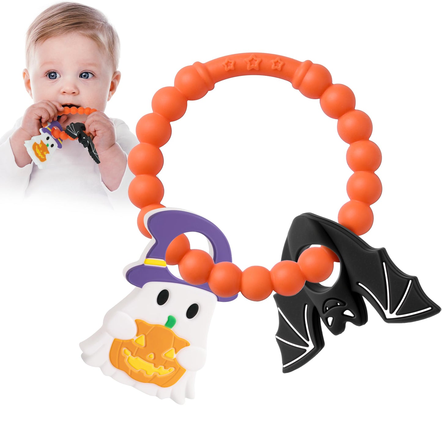 Baby Halloween Teething Toys, Soft Ghost and bat Textured Silicone Teether for 3-6 6-12 Months, BPA-Free Baby Halloween Teether