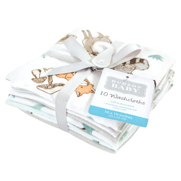 Hudson Baby Unisex Baby Flannel Washcloths, Neutral Woodland Pals 10Pk, One Size