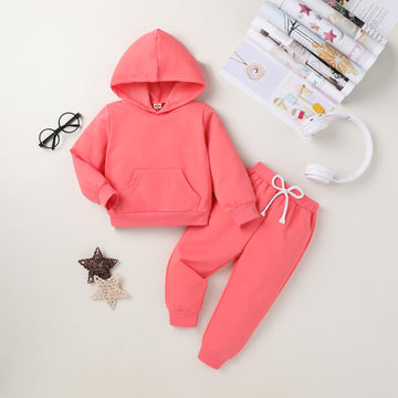Happy Town Toddler Fall Outfits For Girl Boy Long Sleeve Hoodie Top And Long Sweatpants Set Toddler Sweatsuit (Solid Color-Coral