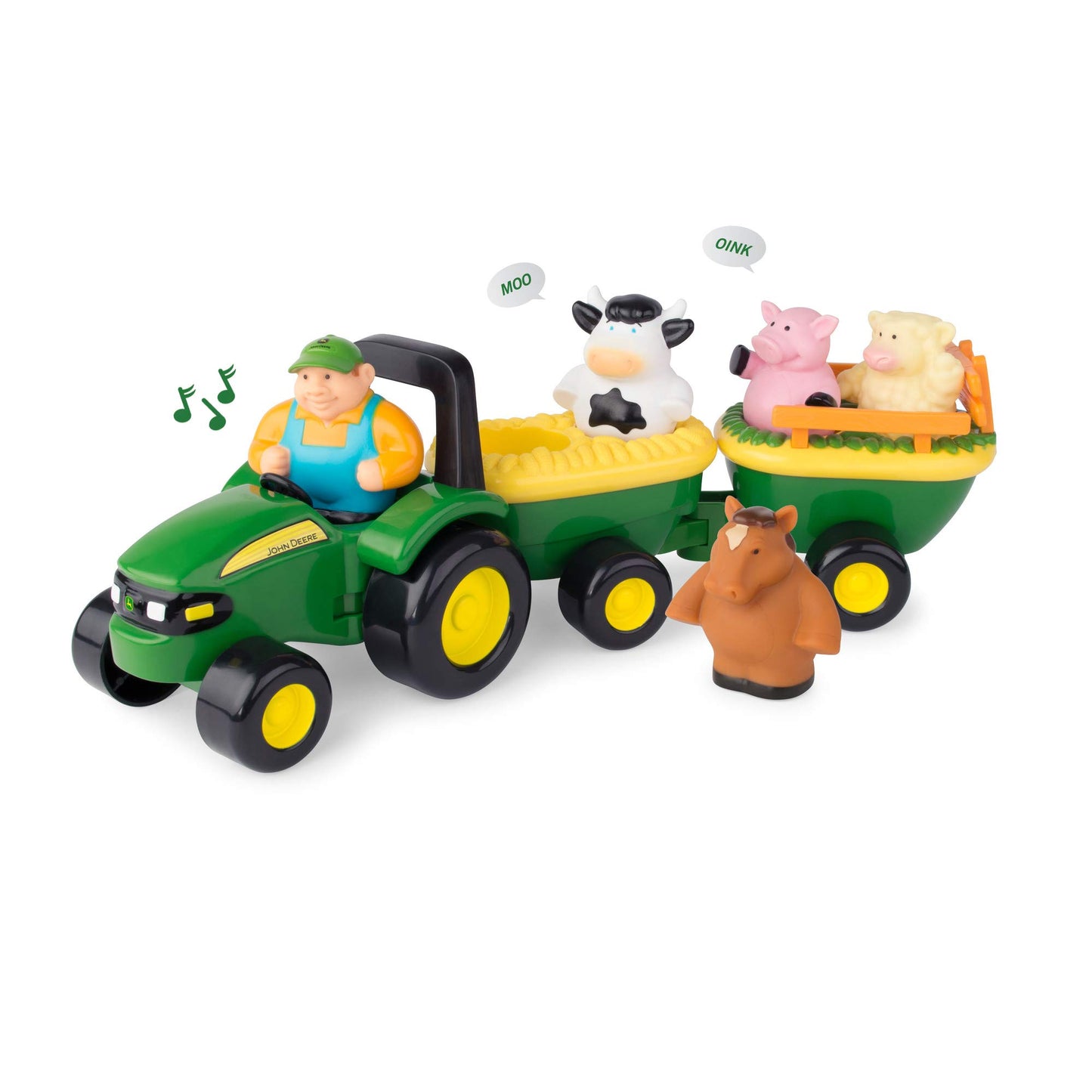 TOMY John Deere Animal Sounds Hayride Musical Tractor Toy - Musical Hayride Toddler Toys - Includes Farmer Figure, Tractor, and