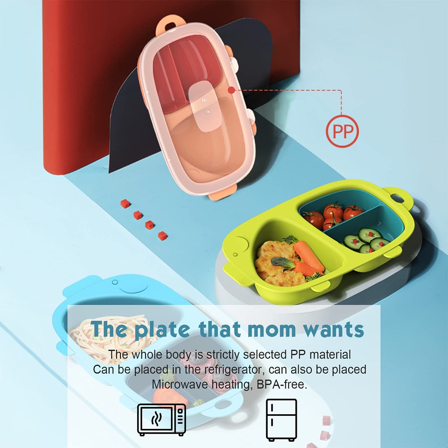 Kids Divided Plate, 3 Pcs(Plate With Lid And Inner Dish), Toddler Dishes Tableware, Dishwasher-Safe For Baby Feeding Dinner Plat