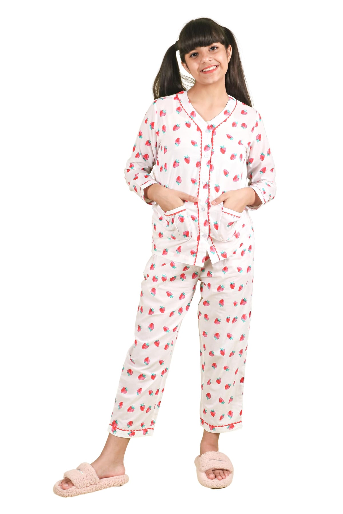 Tweeny Mini Girls Kids Pure Cotton Sleepwear| Night Suit | Night Wear | Full Sleeves TShirt & Pyjama Combo Set Fruit Printed wi