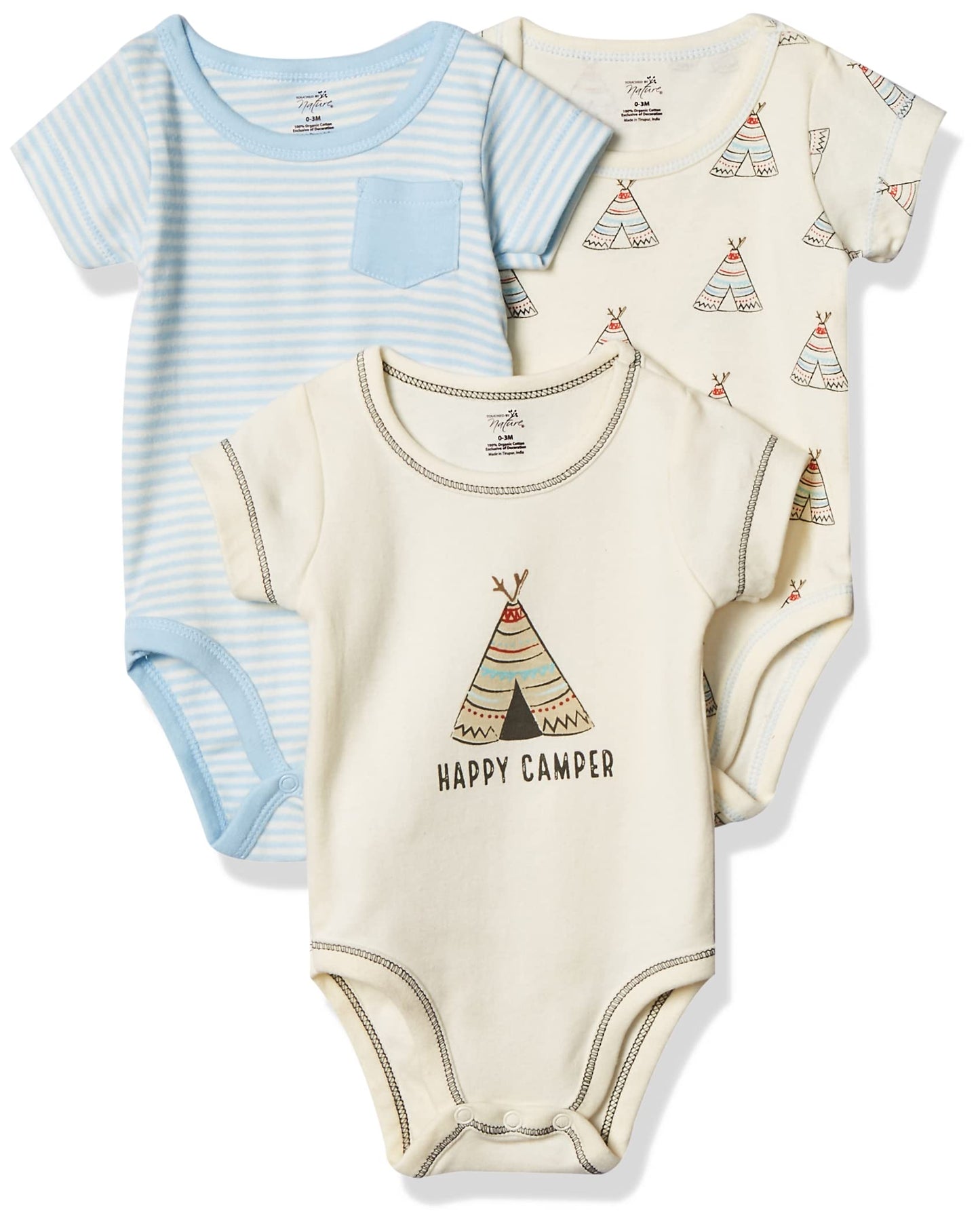 Touched By Nature Unisex Baby Organic Cotton Bodysuits, Teepee, 0-3 Months