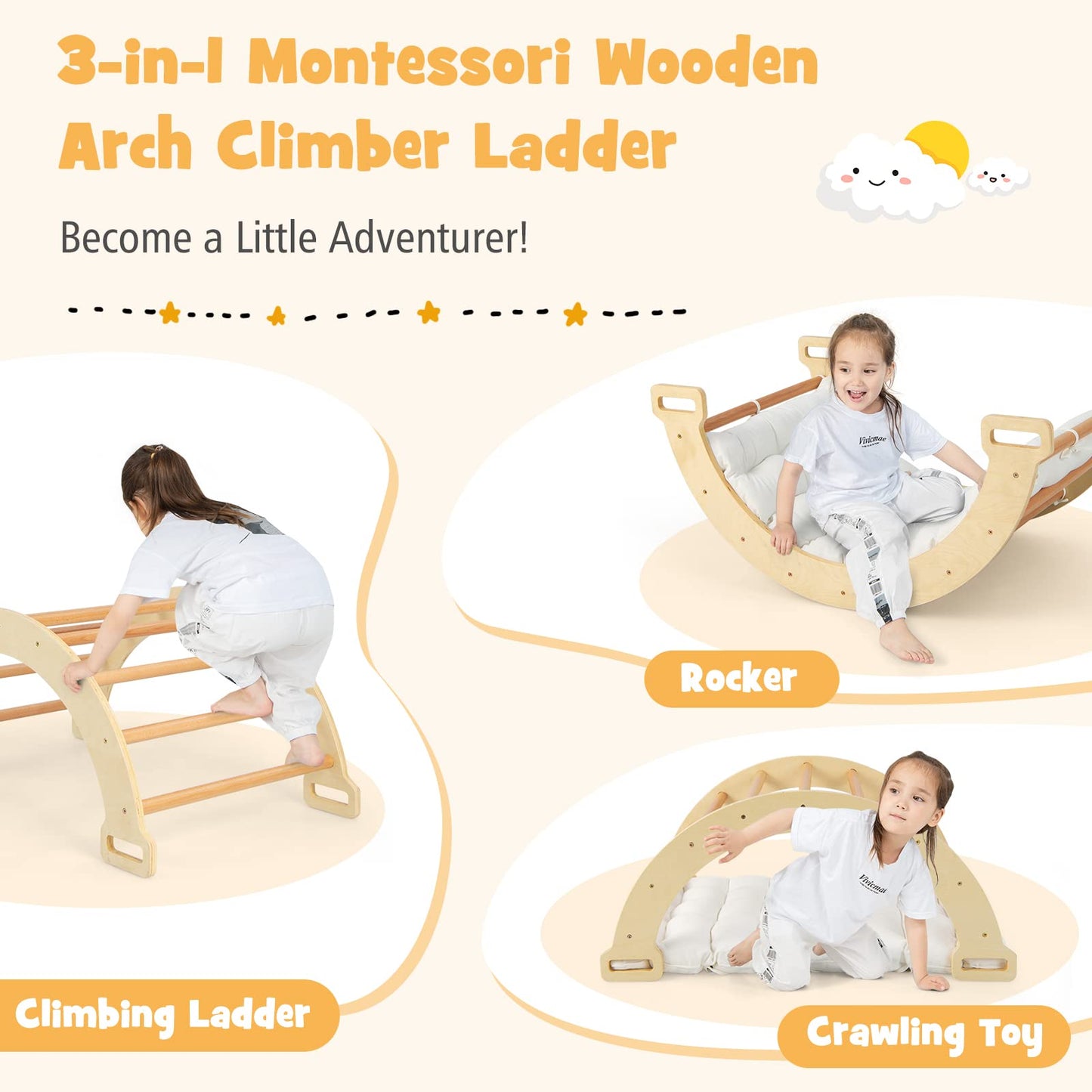 Costzon Climbing Toys For Toddlers, 2-In-1 Montessori Wooden Arch Climber Ladder Structure With Cozy Cushion, Children Indoor Ou