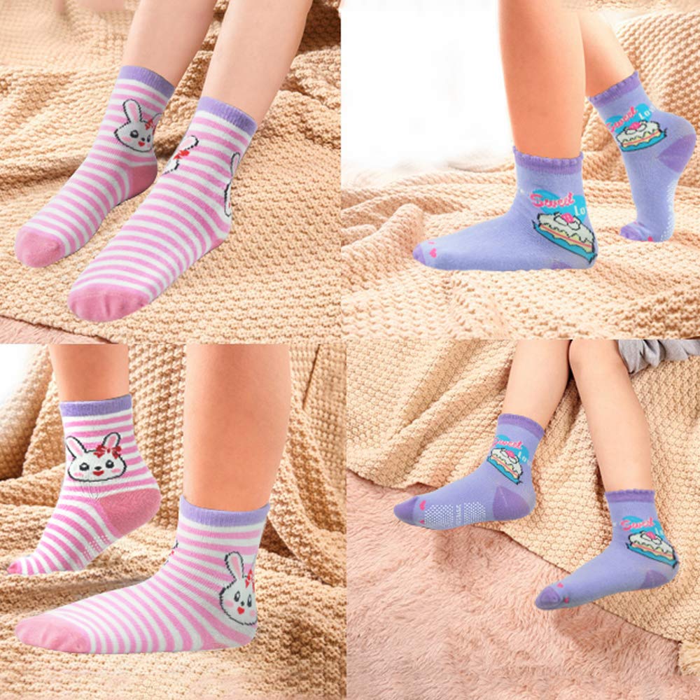 Tphon 12 Pairs Toddler Non Skid Socks With Grips Anti Slip Bottom, Cotton Non Slip Ankle Crew Socks For Boys, Girls, Kids(5-7Yea