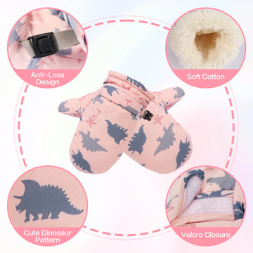 Fynnsure Toddler Mittens - Baby Waterproof Snow Gloves For Boys & Girls, Pink Dinosaur, 1-2 Years