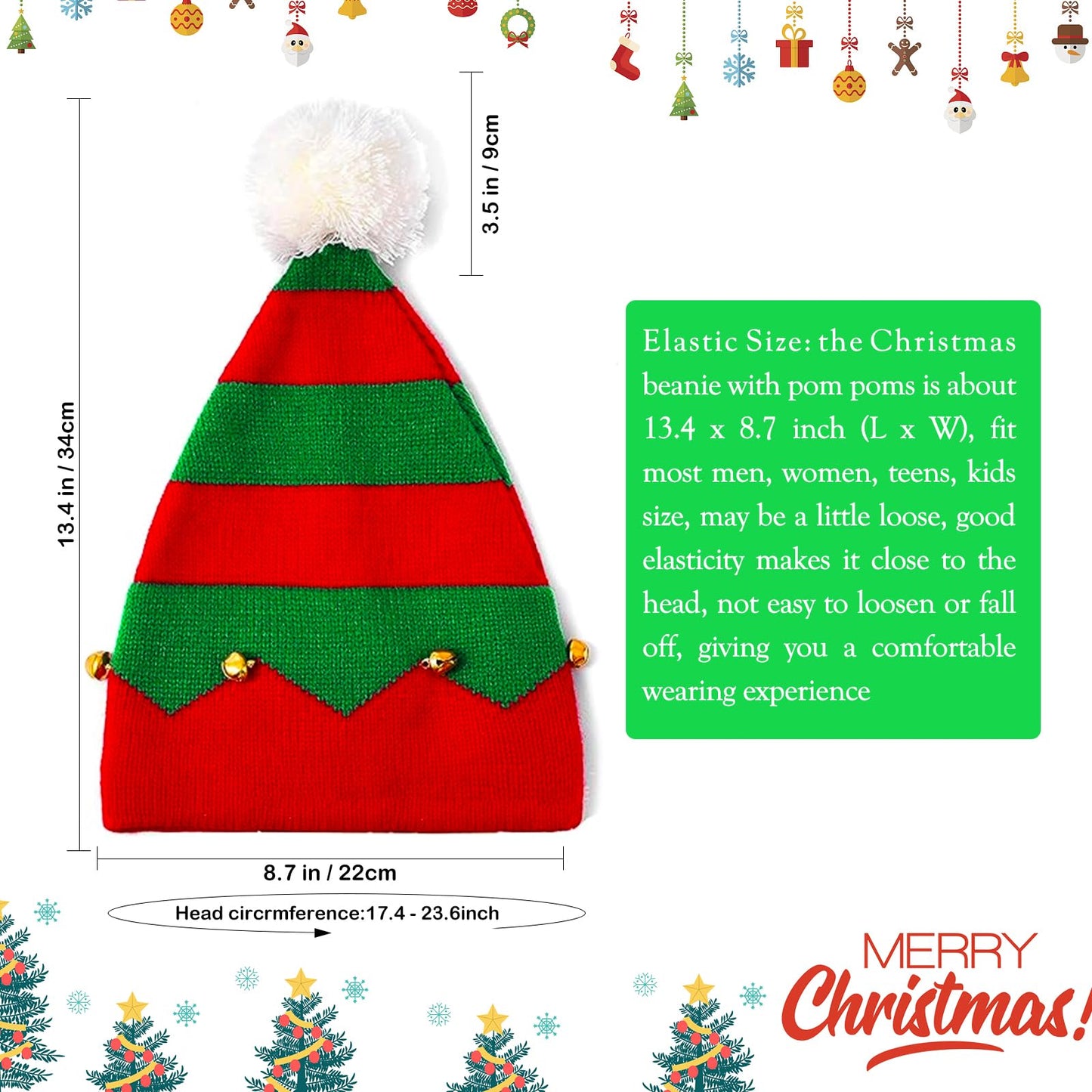 Hikkcos Christmas Elf Knitted Hat For Baby Christmas Elf Hat For Kids Elf Beanie Xmas Winter Warm Santa Hat Fit 1 To 6 Years Old