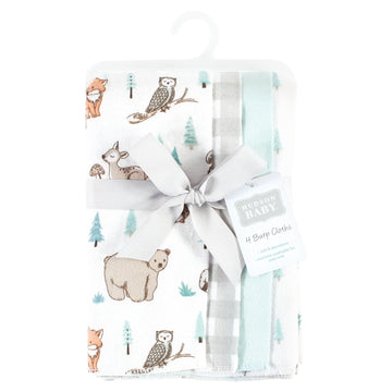 Hudson Baby Unisex Baby Cotton Flannel Burp Cloths, Neutral Woodland Pals 4-Pack, One Size