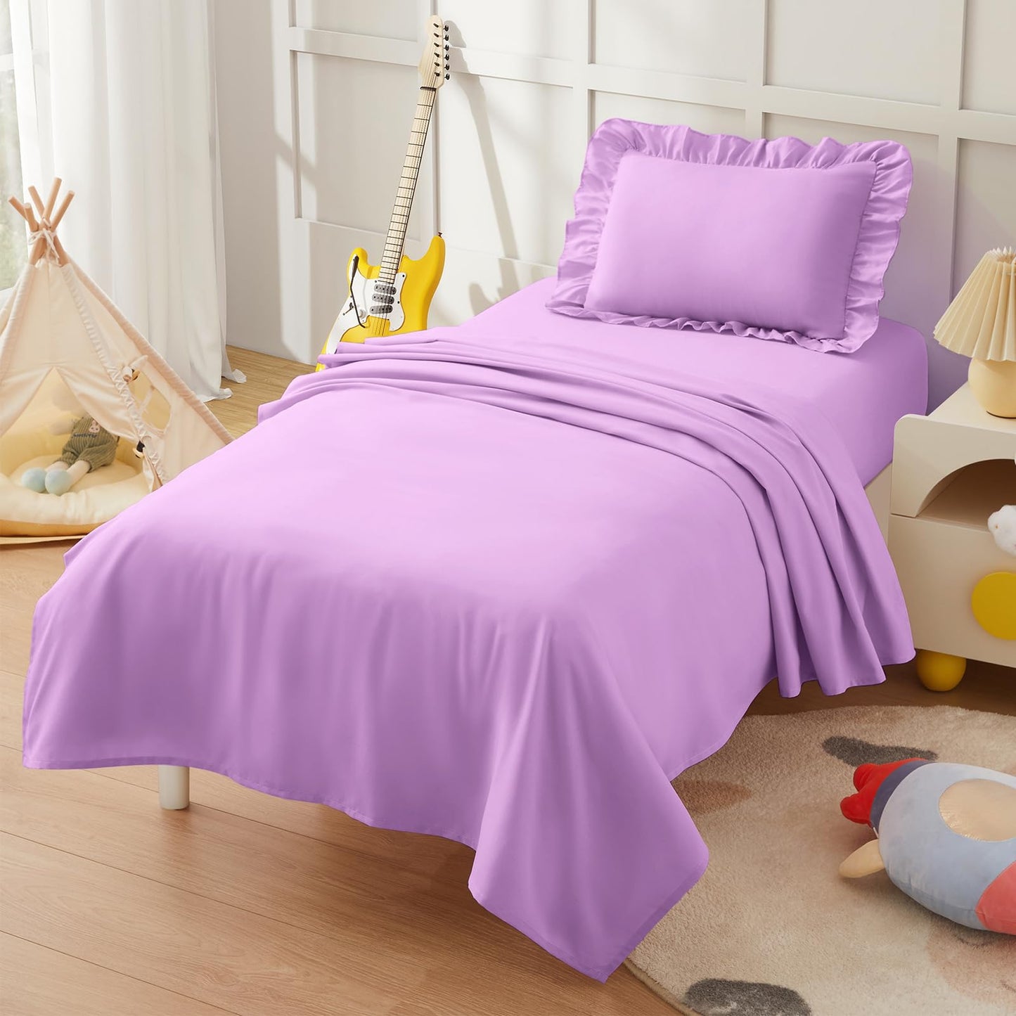 KKJIAF 3 Piece Toddler Sheet Set Microfiber, Includes a Flat Sheet, a Fitted Sheet and a Ruffle Pillowcase, Light Purple