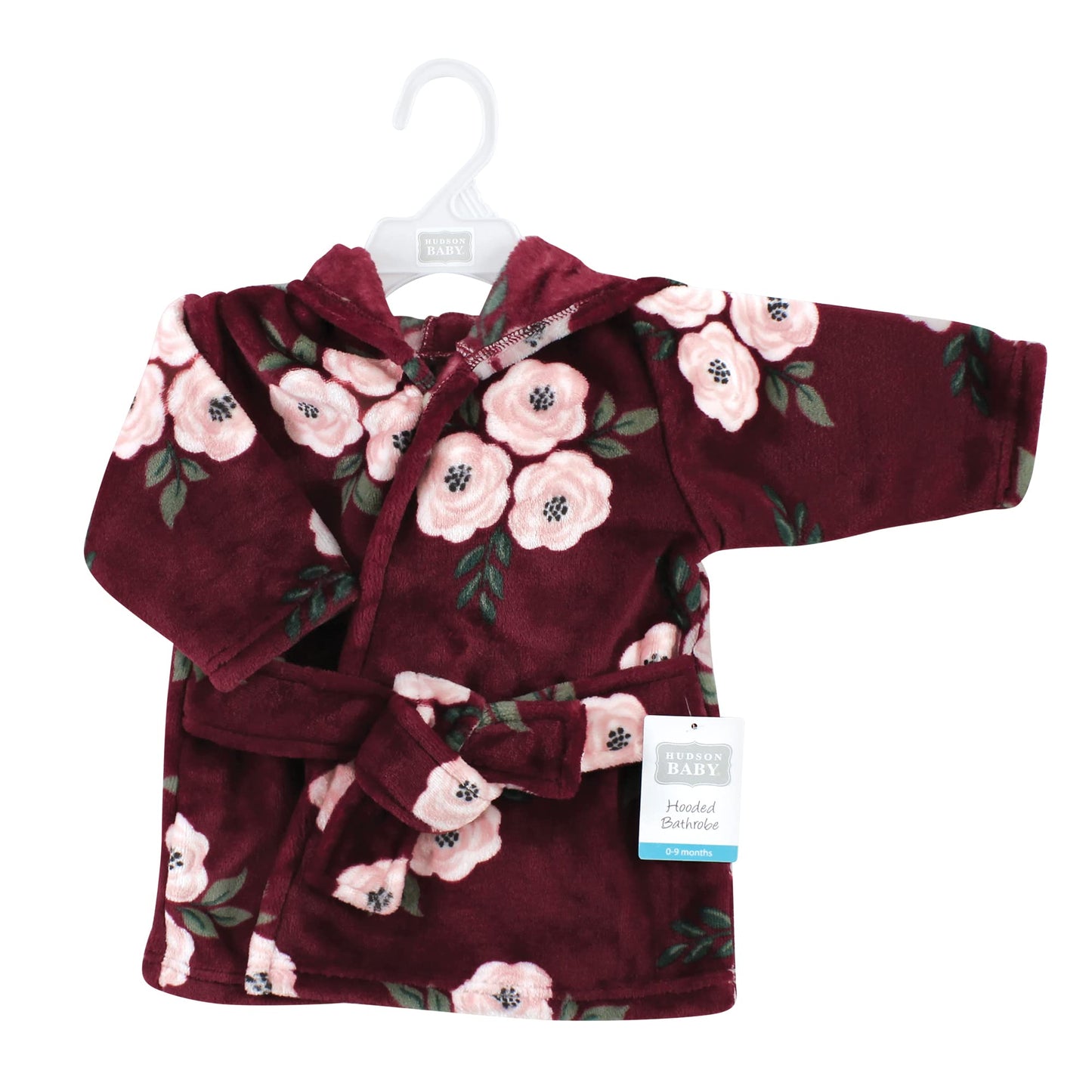 Hudson Baby Unisex Baby Plush Animal Face Bathrobe, Burgundy Floral, 0-9 Months