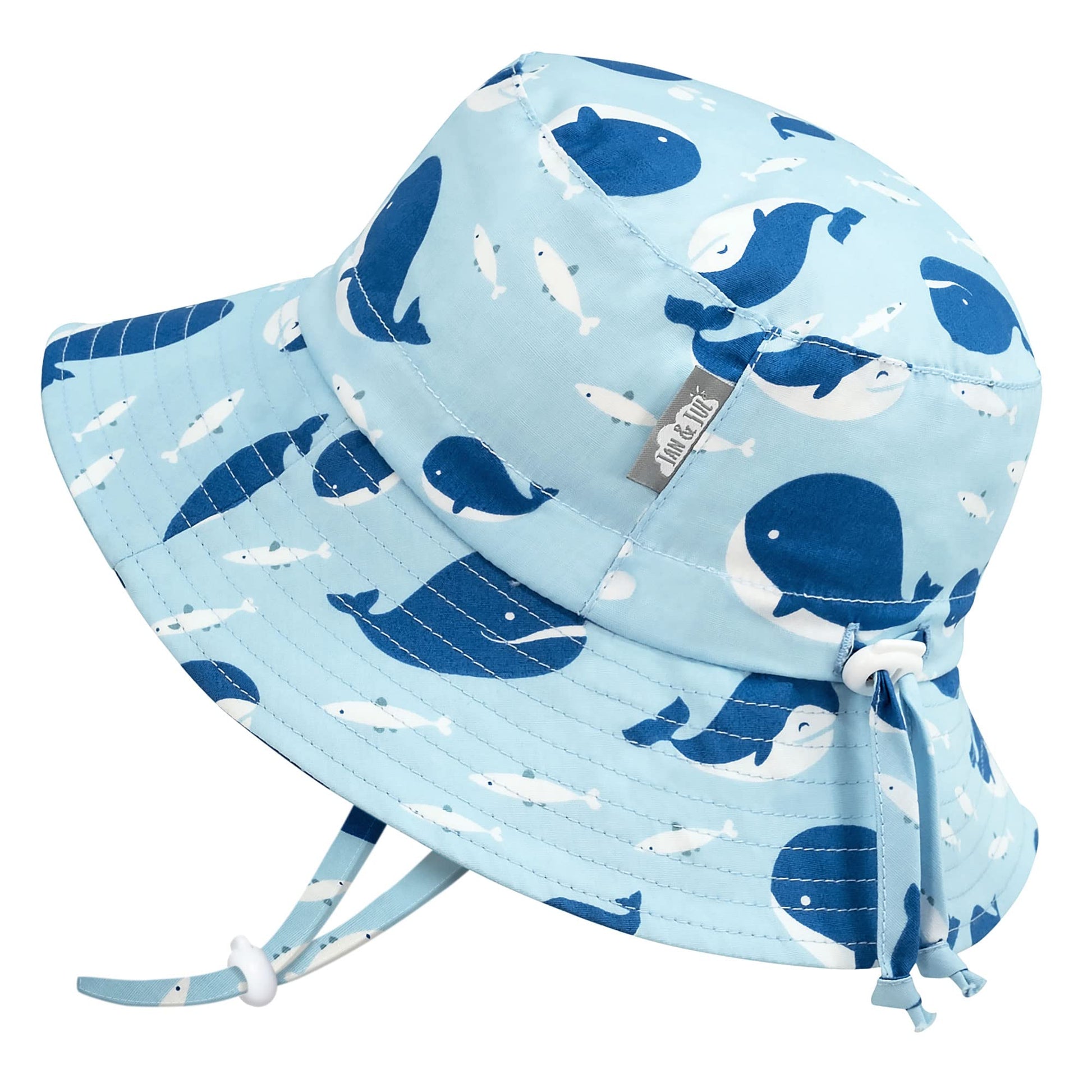Jan & Jul 50+ Upf Baby Boy Sun-Hat, With Adjustable Strap, Cotton (M: 6-24 Months, Blue Whale)