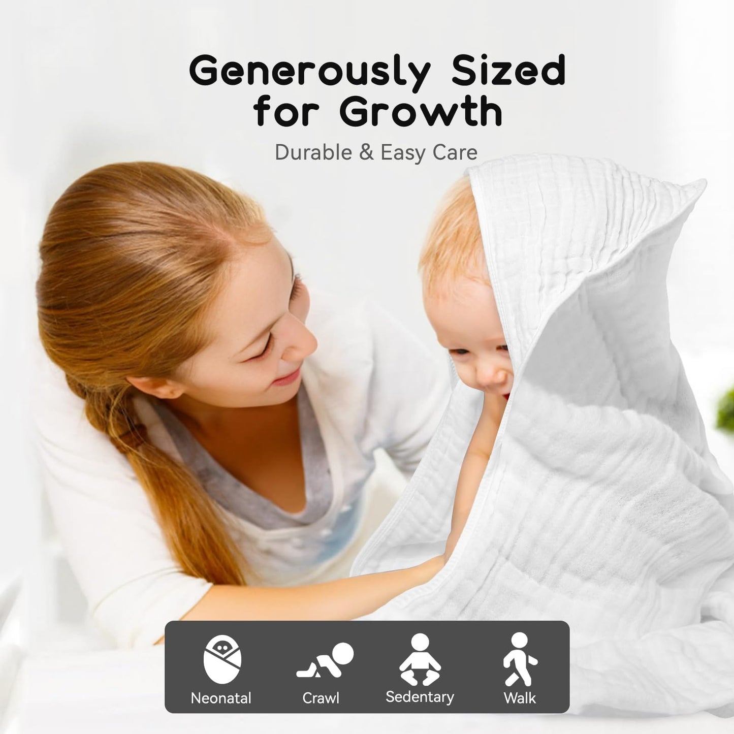 Arnzion Baby Hooded Towels For Babies And Toddlers, Muslin Baby Bath Towel Soft And Absorbency For Boys And Girls (White 2 Pack)