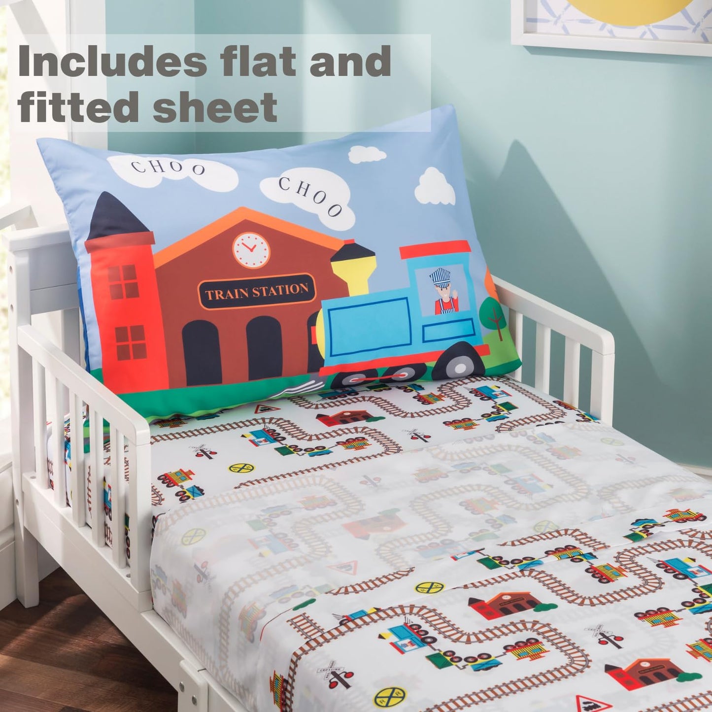 Everyday Kids 4 Piece Toddler Bedding Set -Choo Choo Train- Includes Comforter, Flat Sheet, Fitted Sheet And Reversible Pillowca