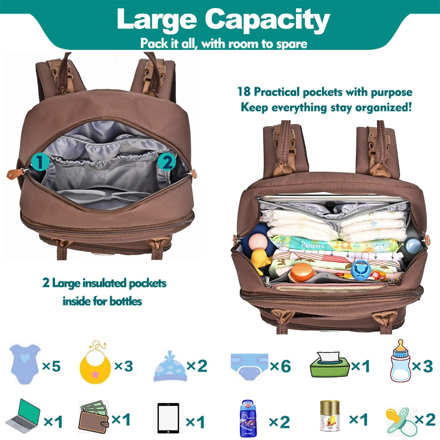 Babbleroo Diaper Bag Backpack, Changing Bags Multifunction Waterproof Travel Back Pack With Stroller Straps & Pacifier Case (Bro
