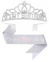 Papoopy Birthday Tiara And Crown With Sash For Women Birthday Party - Silver