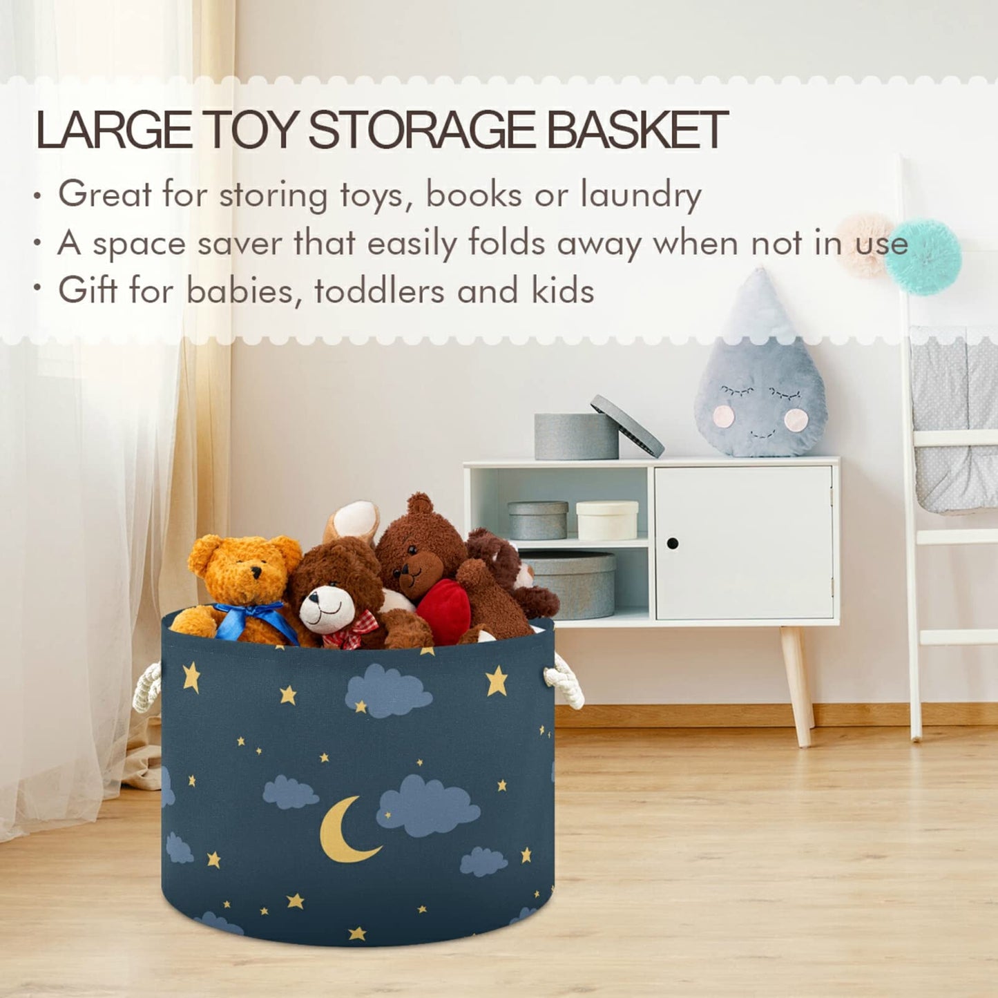 Alaza Night Sky With Moon Stars And Cloud Storage Basket Gift Baskets Large Collapsible Laundry Hamper With Handle, 20X20X14 In,