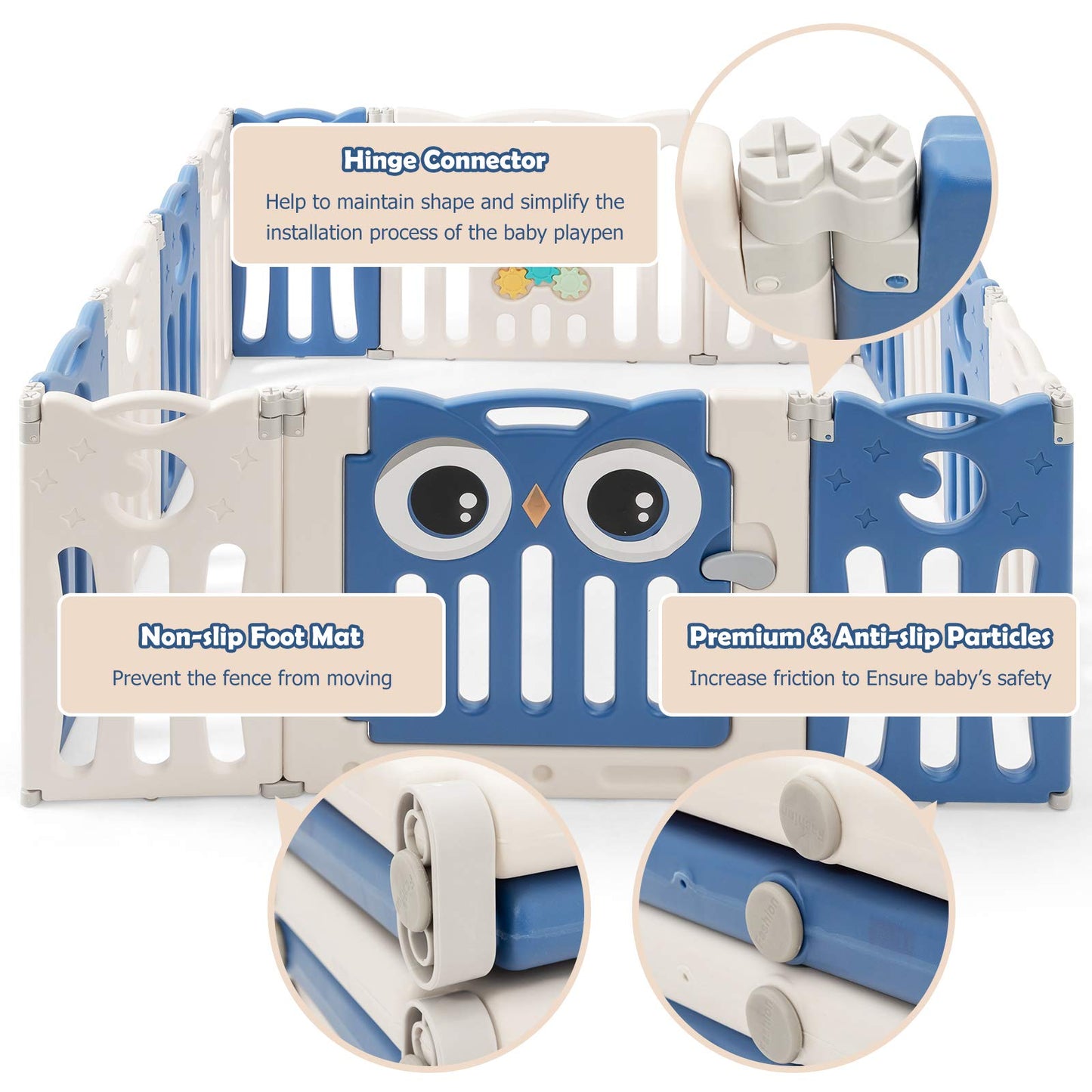 Costzon Foldable Baby Playpen, 14-Panel Baby Fence With Lock Door, Rubber Pads & Anti-Slip Rubber Bases, Indoor Outdoor Safety B