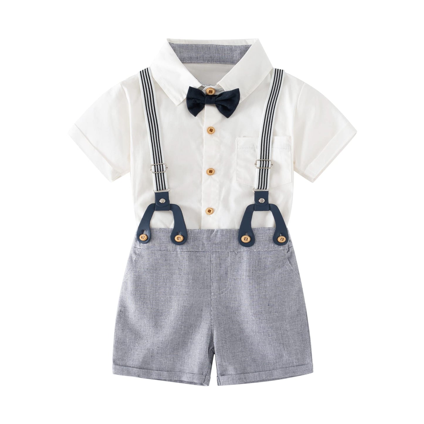 Baby Boys Gentleman Outfits Suits, Infant Short Sleeve Shirt+Bib Pants+Bow Tie Overalls Clothes Set White