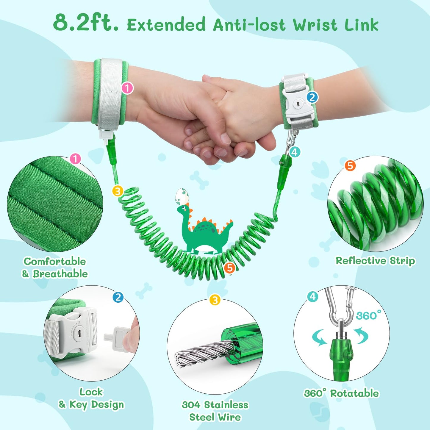 Dr.Meter 3 In 1 Toddler Harness Leash + 8.2Ft Anti Lost Wrist Link, Cute Dinosaur Kids Safety Harness Tether With Key Lock, Chil