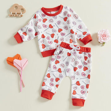 Coorally Toddlers Two-Piece Valentine'S Day Outfits Baby Boy Girl Long-Sleeve Crewneck Printed Sweatshirt And Pants Sets (White