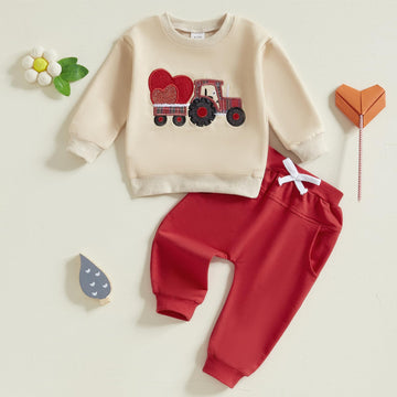 Fybitbo Baby Boys Fall Winter Clothing Set Heart Tractor Long Sleeve Shirts Tops And Pants 2Piece Valentines Day Outfits (Red-Va