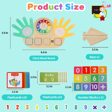 Montessori Learning Toys for Toddlers 3 4 5 years, Finger Counting Number Blocks and Clock Wooden Toys for Kids, Educational Mat