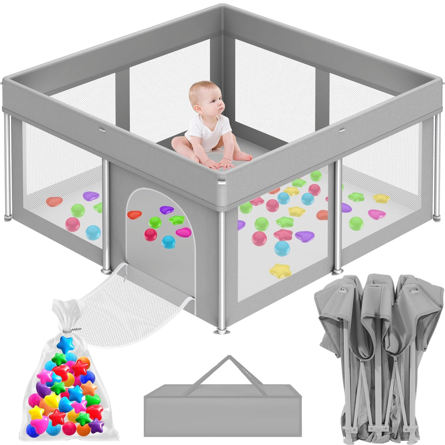 Foldable Playpen for Babies and Toddlers, 50 50 Portable Playard with Carry Bag & 50 Ocean Balls, Indoor & Outdoor Baby Fence w