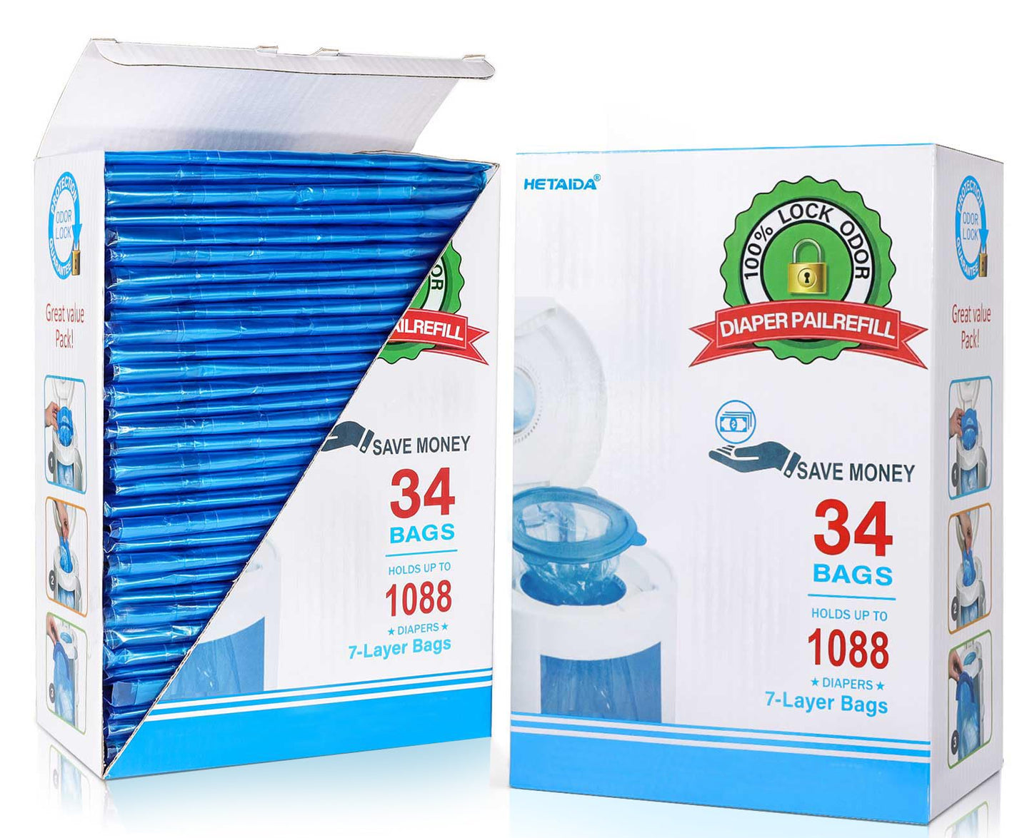 Diaper Pail Refill Bags 34 Bags 1088 Counts Compatible with Arm&Hammer Disposal System, 100% Lock Odor, Seal and Toss Diaper Pai