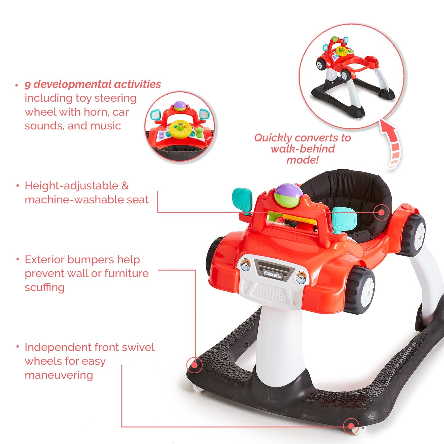 Kolcraft 4X4-2-In-1 Infant And Baby Push Walker With Wheels, Seated Or Walk-Behind Design, Steering Wheel With Lights And Car So