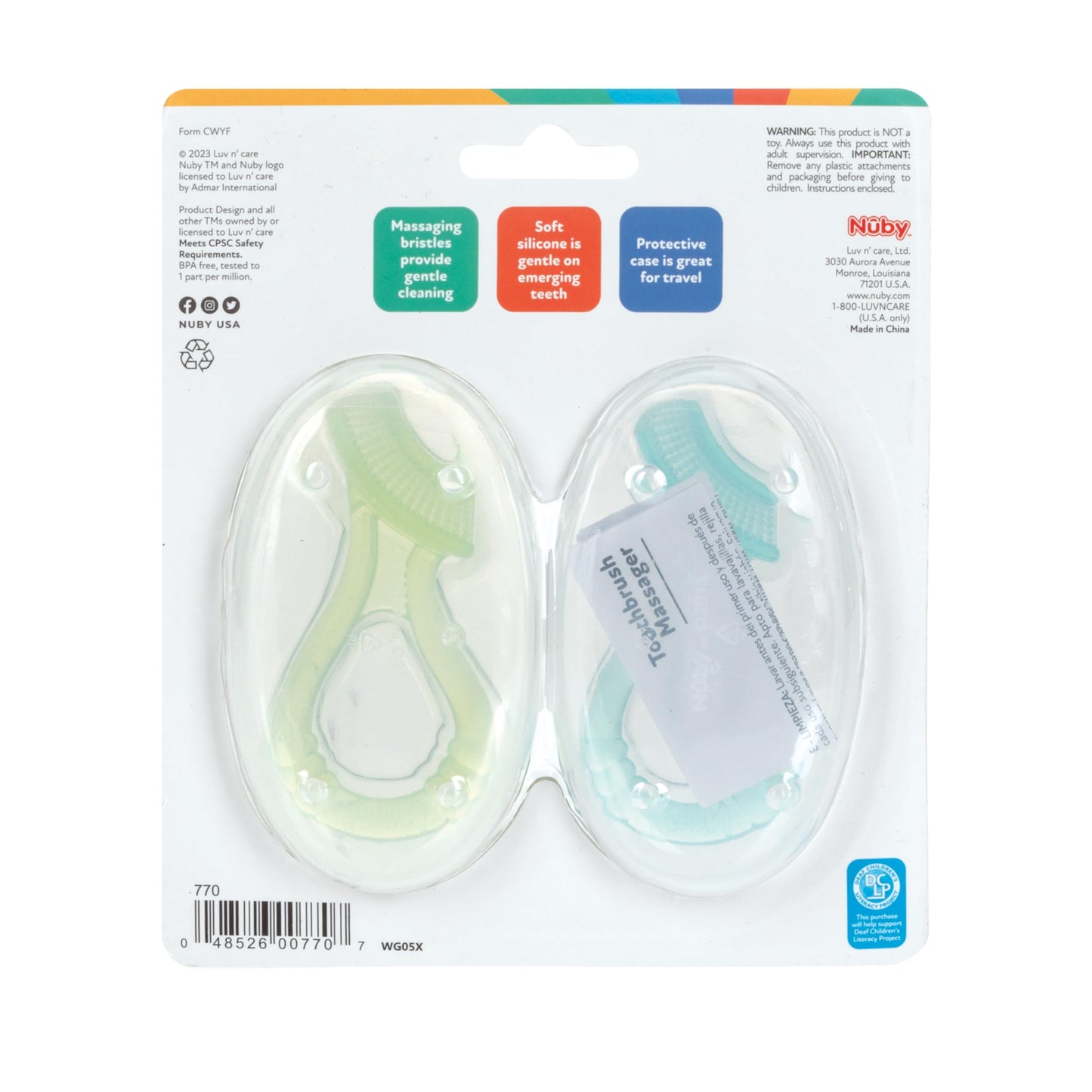 Nuby Soft Silicone Gum Massager with Hygienic Case, 2-Pack, 3 m+