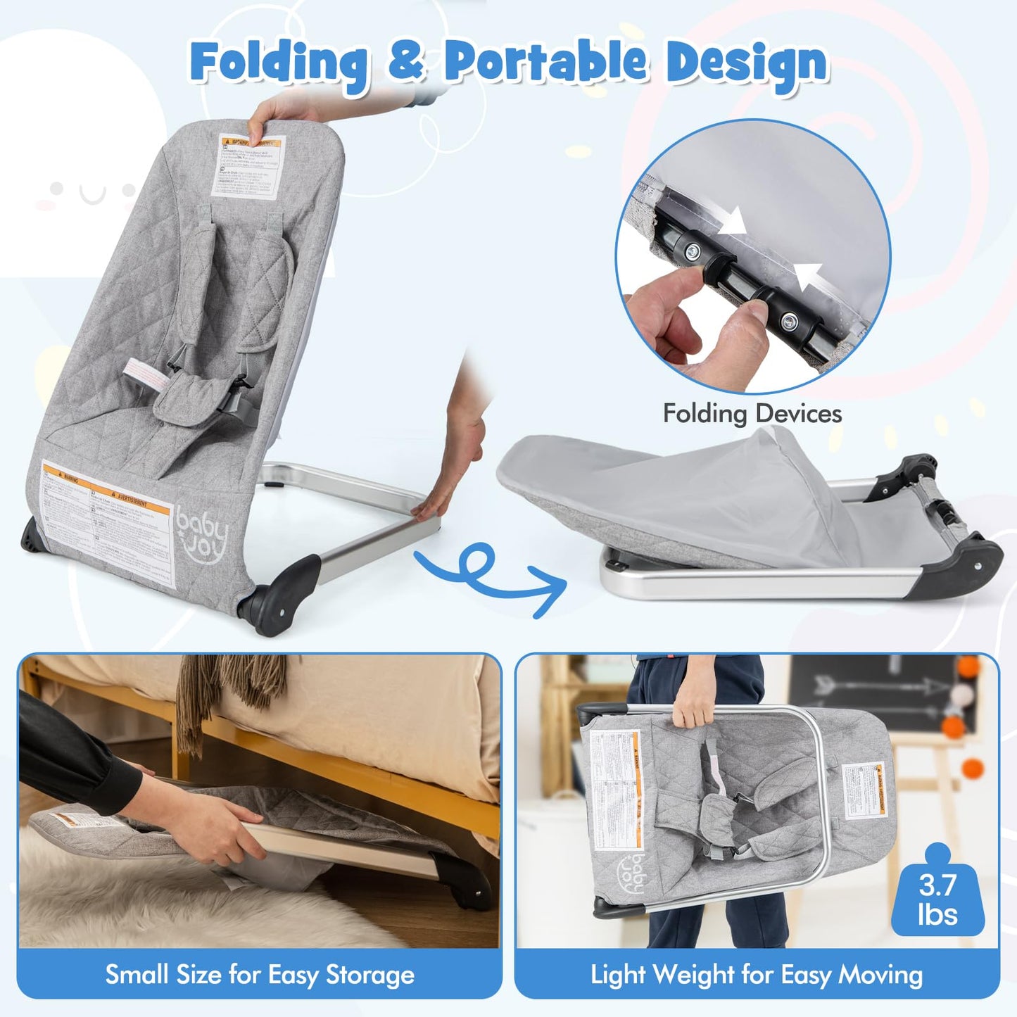 Baby Joy Baby Bouncer, Foldable Baby Bouncer Seat With 5-Point Safety Harness, Removable Fabric Cover, Portable Infant Bouncer F