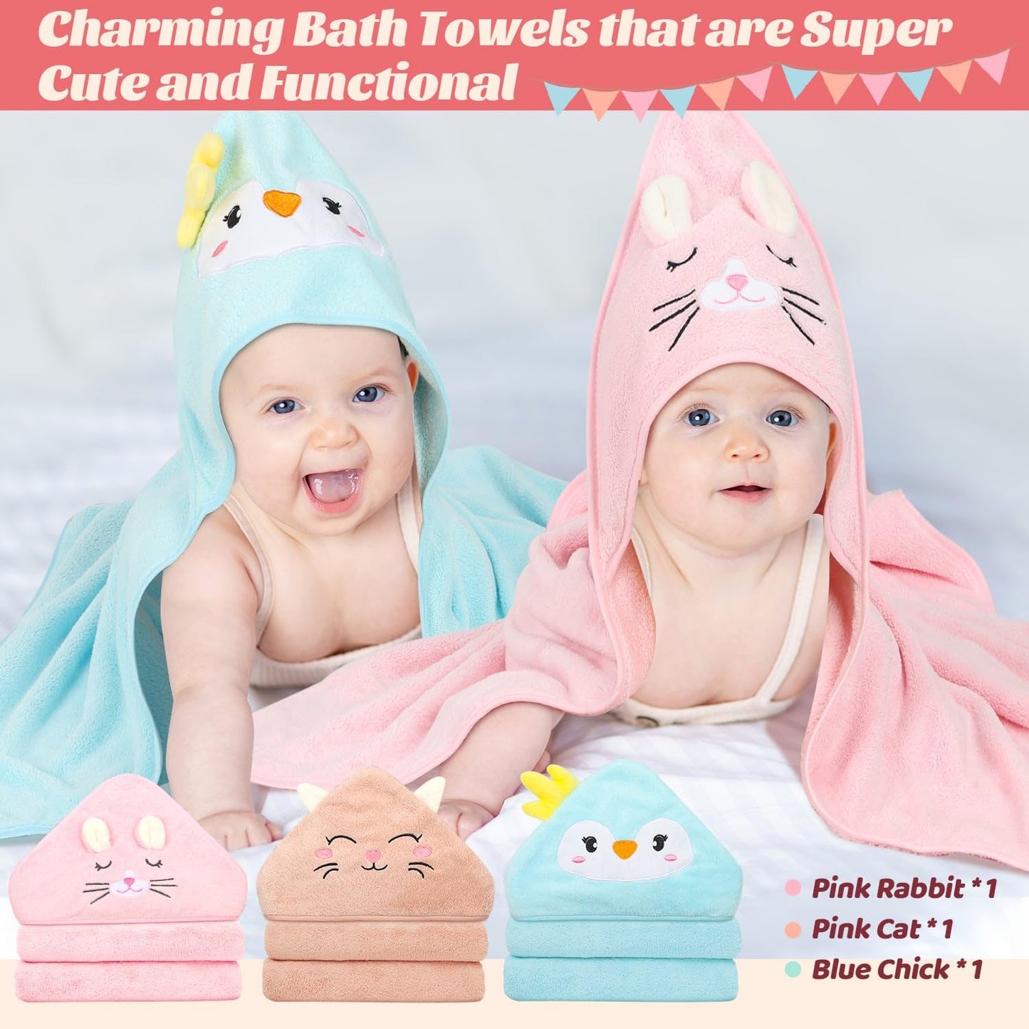 12 Pcs Hooded Baby Towels, Soft Baby Towels, Absorbent Baby Bath Towels, 3 Pcs Baby Towels, And 9 Pcs Baby Washcloths For Newbor