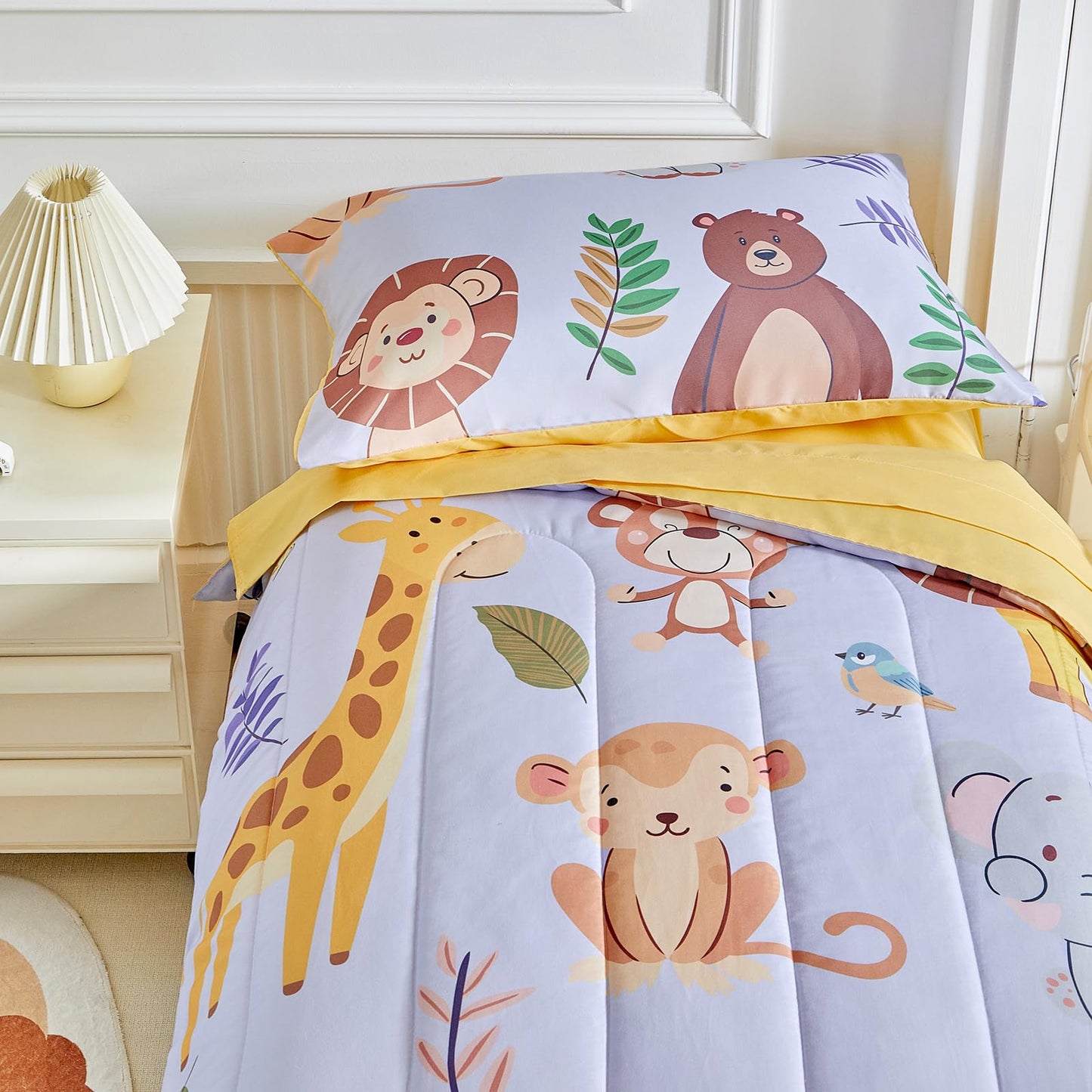 Joyreap 4 Piece Toddler Bedding Set- Cartoon Zoo Theme Animals Purple Design, Microfiber Toddler Bedding Comforter Set For Kids