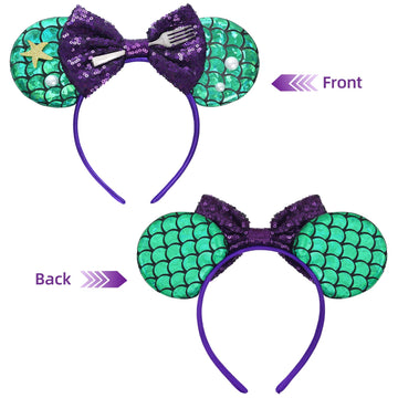 Seamoy Sequin Minnie Ears Headband,Mermaid Mouse Ears Hairband With Bow, Sparkle Rose Gold Classic Red Hair Accessory For Women